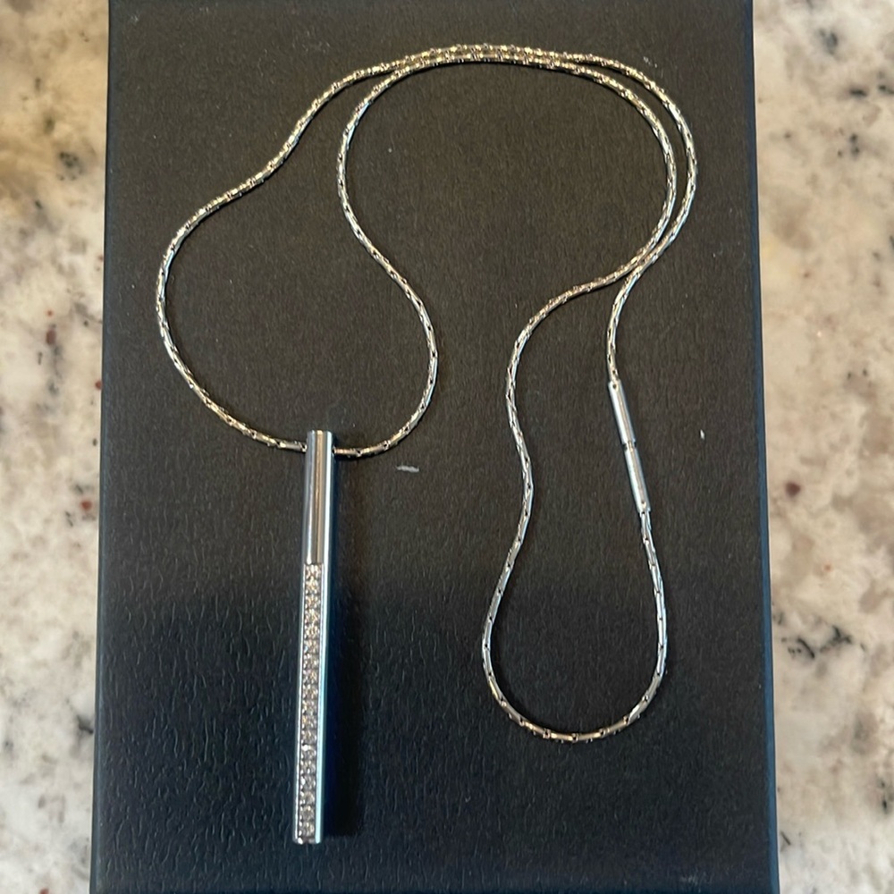 B.Tiff Pave Bar Pendant Stainless Steel & .02 CT Diamond Alternative Stones.